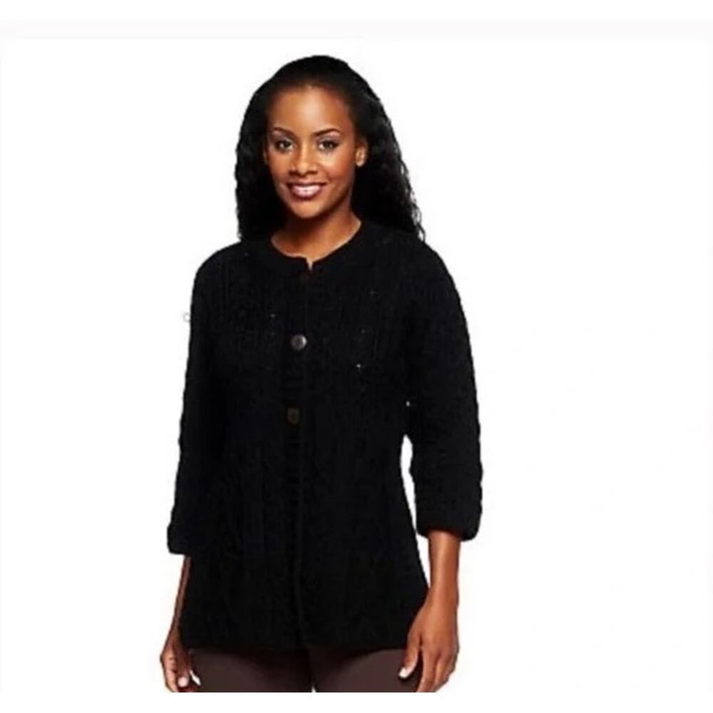 Kilronan Knitwear Cardigan Black XS Pure New Wool Short Sleeve Made in Ireland